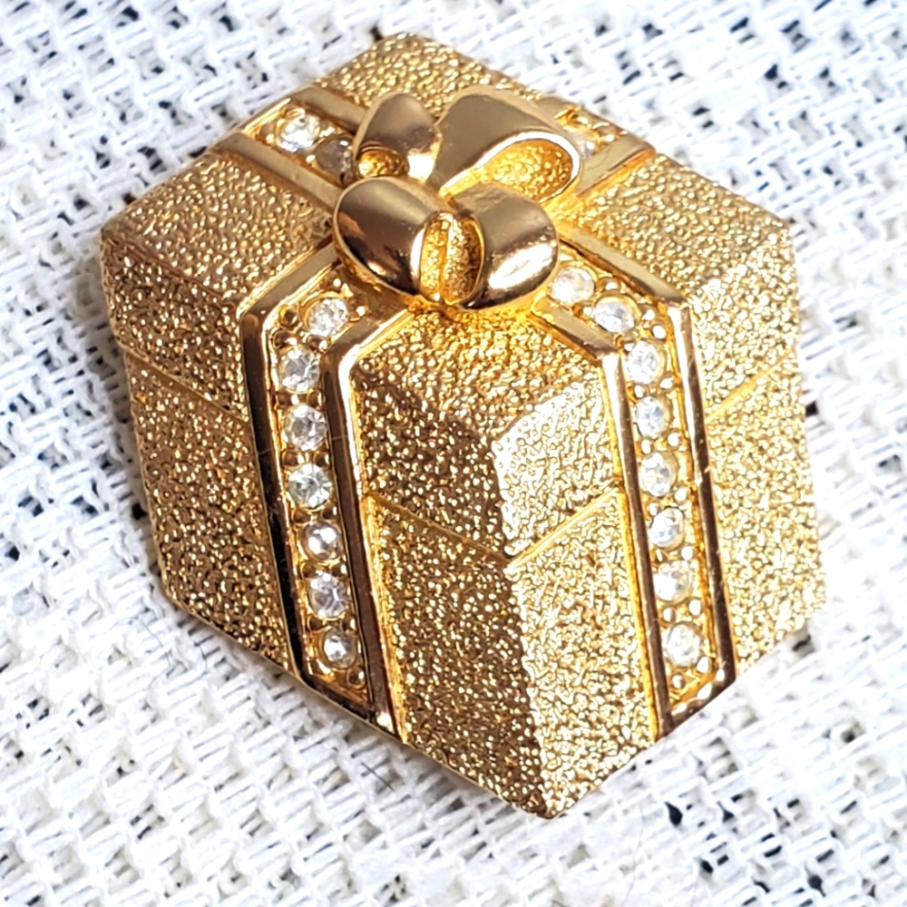 Vintage Christian Dior 80's gold plated crystal wrapped gift box brooch designer